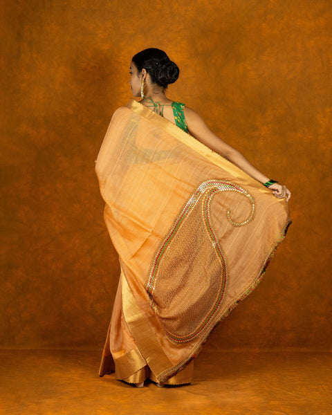 Peach Orange embroidery mirror-work saree with gold border and tassels image 3