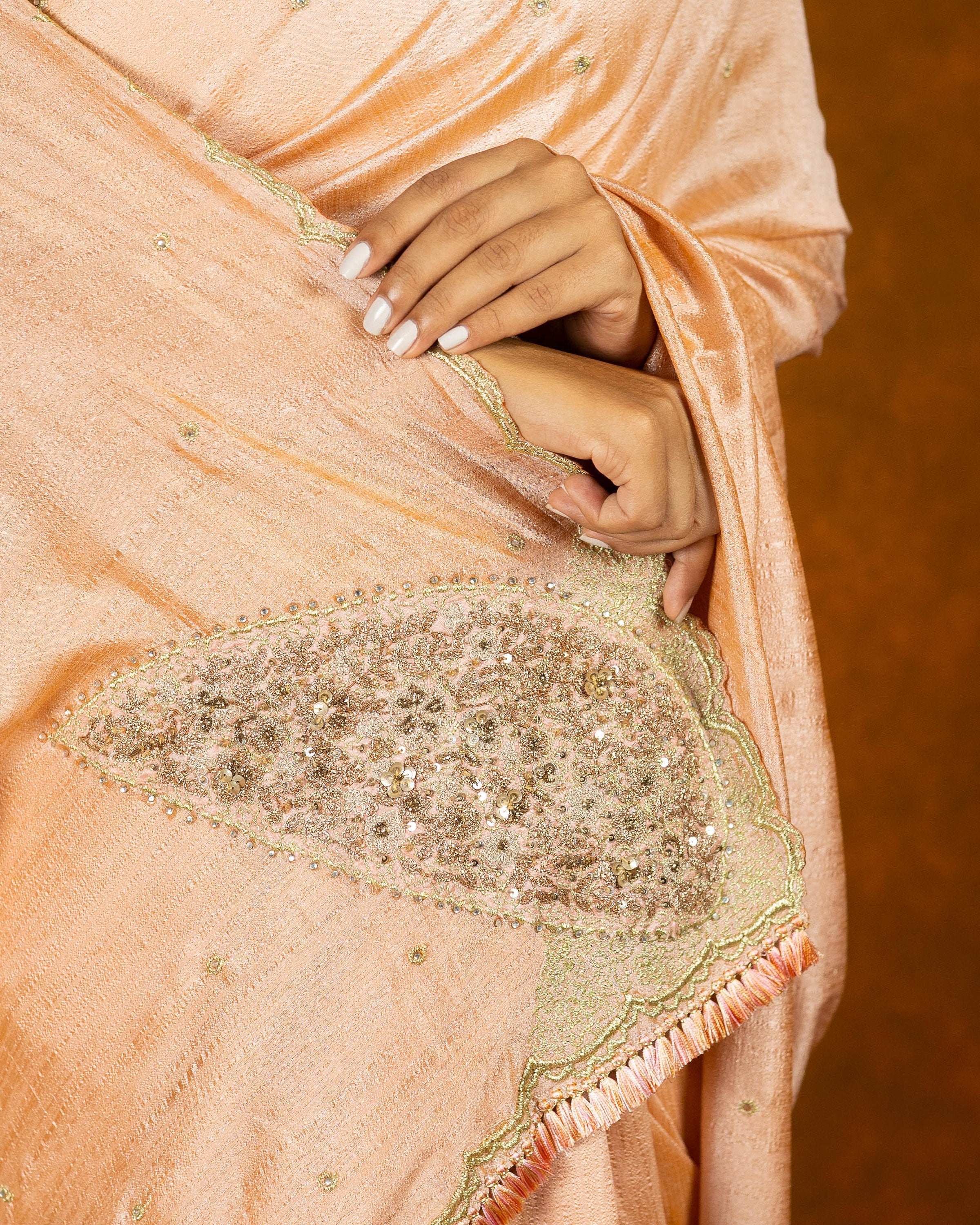 Peach chinon silk blend embroidery saree with crystal  and butta work border