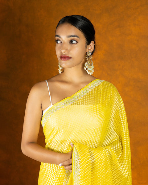 Yellow brasso embroidery saree, festive designer saree image 3