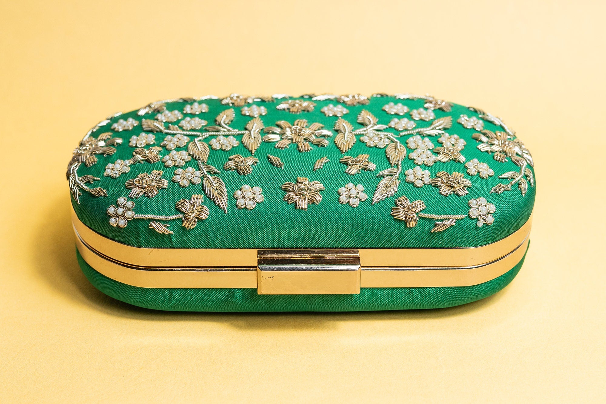 Green and gold hand made bead embroidery clutch bag detachable sling
