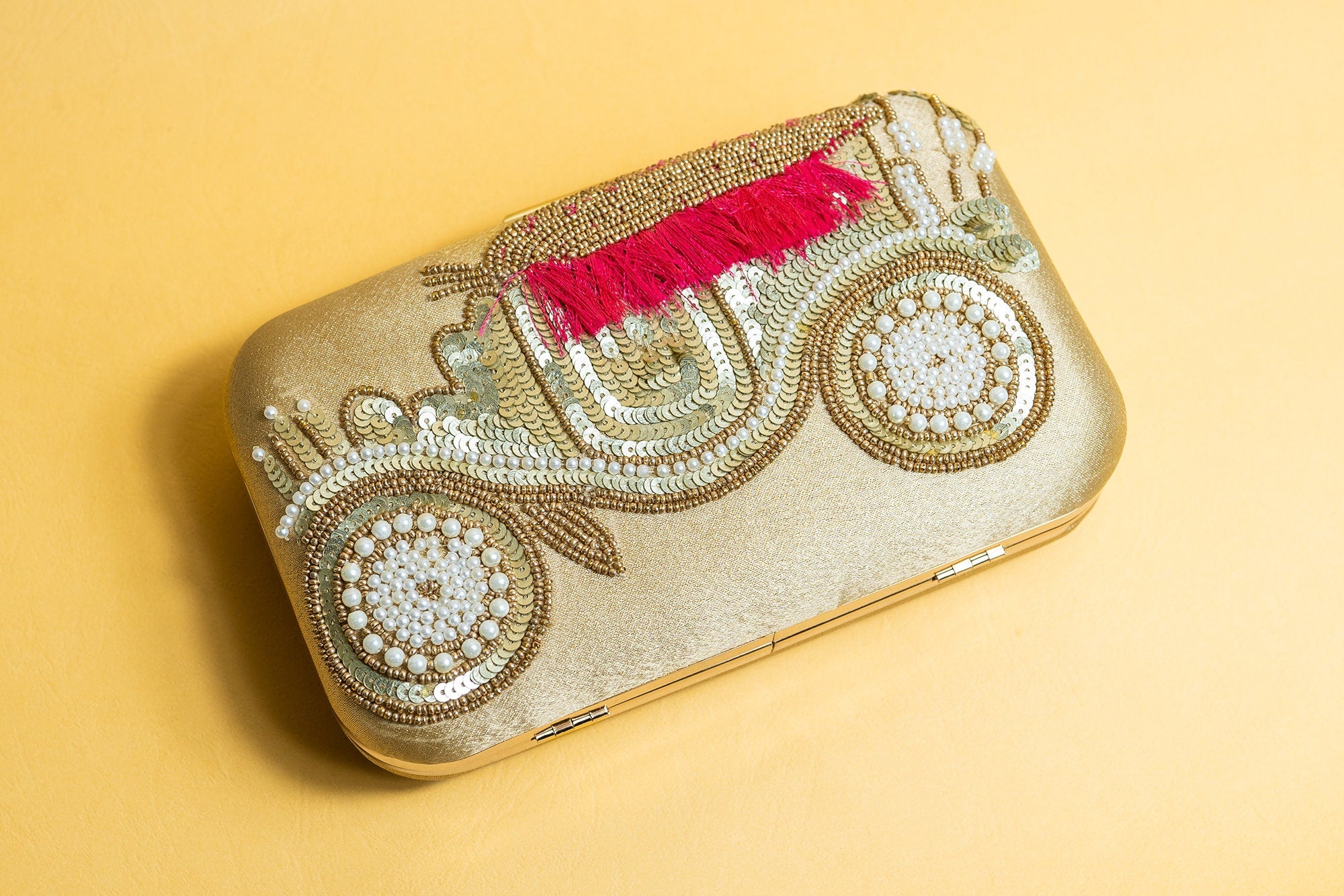 Gold silk clutch purse/bag, hand made embroidery clutch bag with detachable metal sling