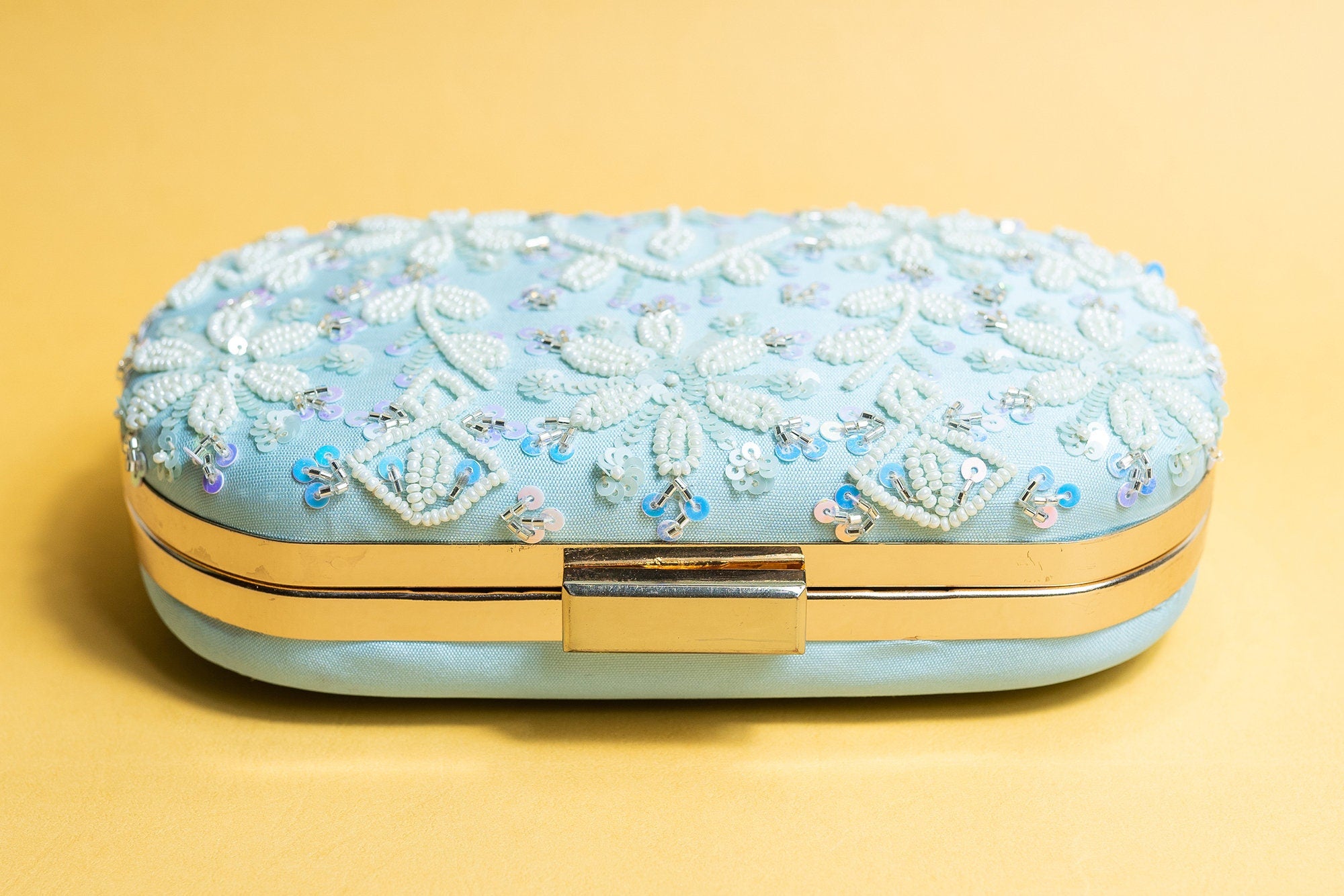 Light Blue silk clutch purse/bag, hand made embroidery clutch bag with detachable metal sling