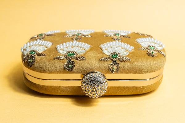 Yellow velvet clutch purse/bag, hand made embroidery clutch bag with detachable metal sling image 3