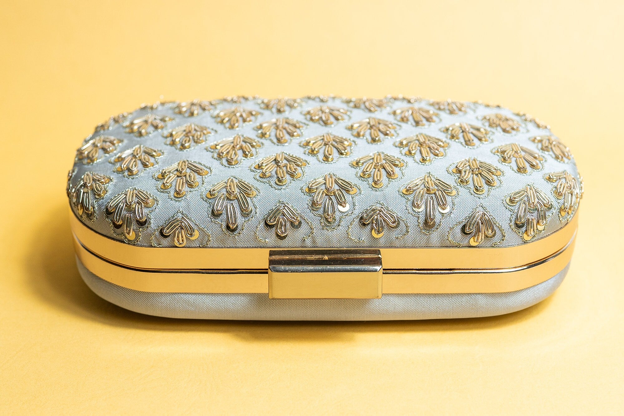 Gray metal embroidery clutch bag with detachable sling