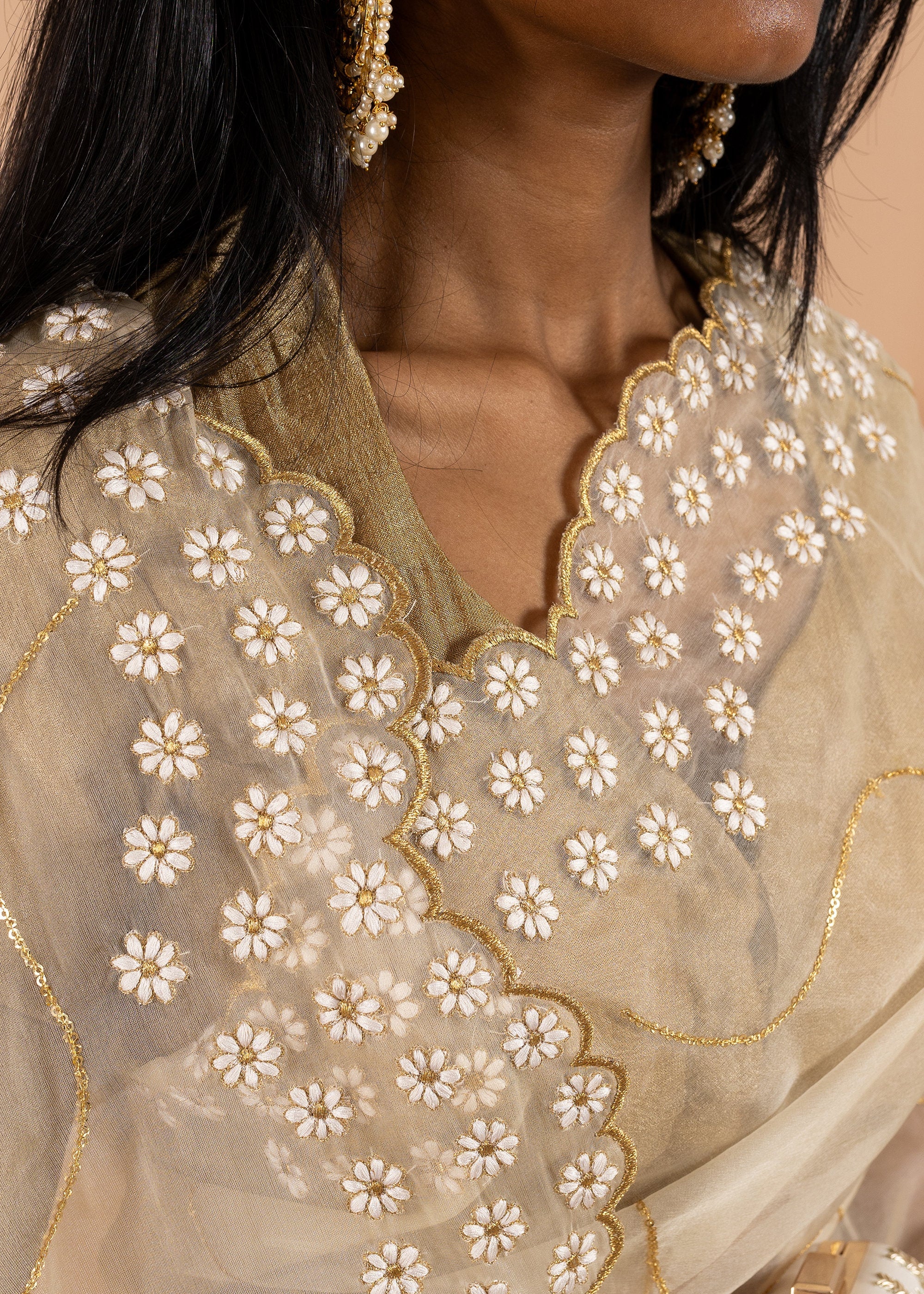 Gold saree with white silk thread  handwork embroidery