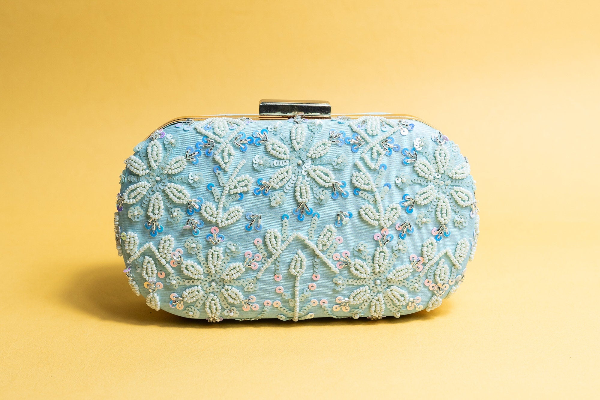 Light Blue silk clutch purse/bag, hand made embroidery clutch bag with detachable metal sling