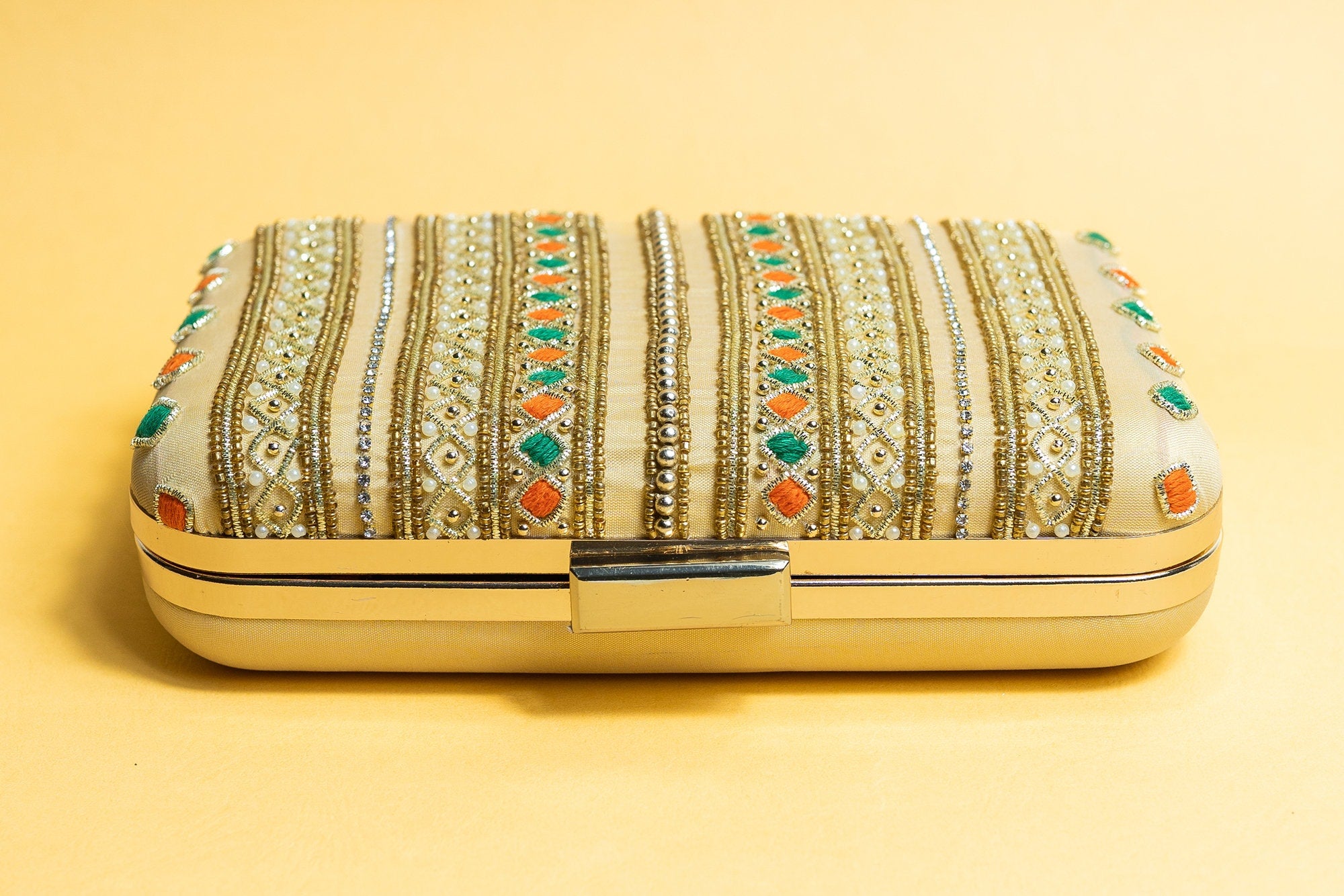 Yellow with gold silk clutch purse/bag, hand made embroidery clutch bag with detachable metal sling