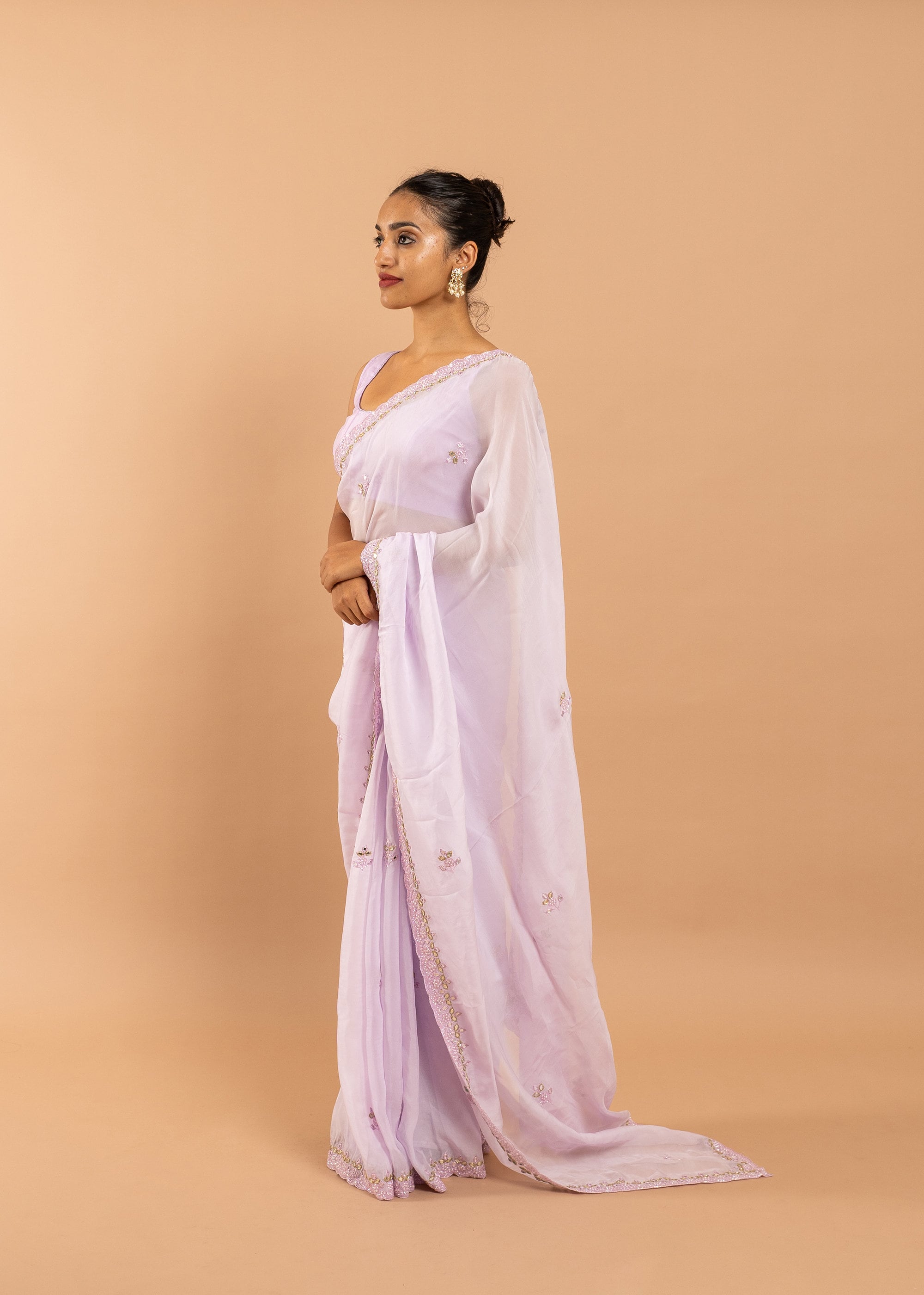 Pink organza saree with silk thread and glasswork