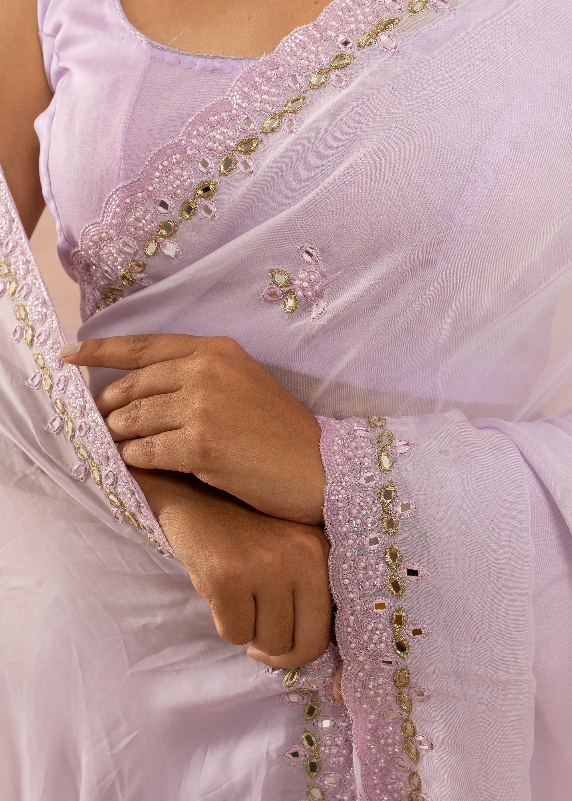 Pink organza saree with silk thread and glasswork