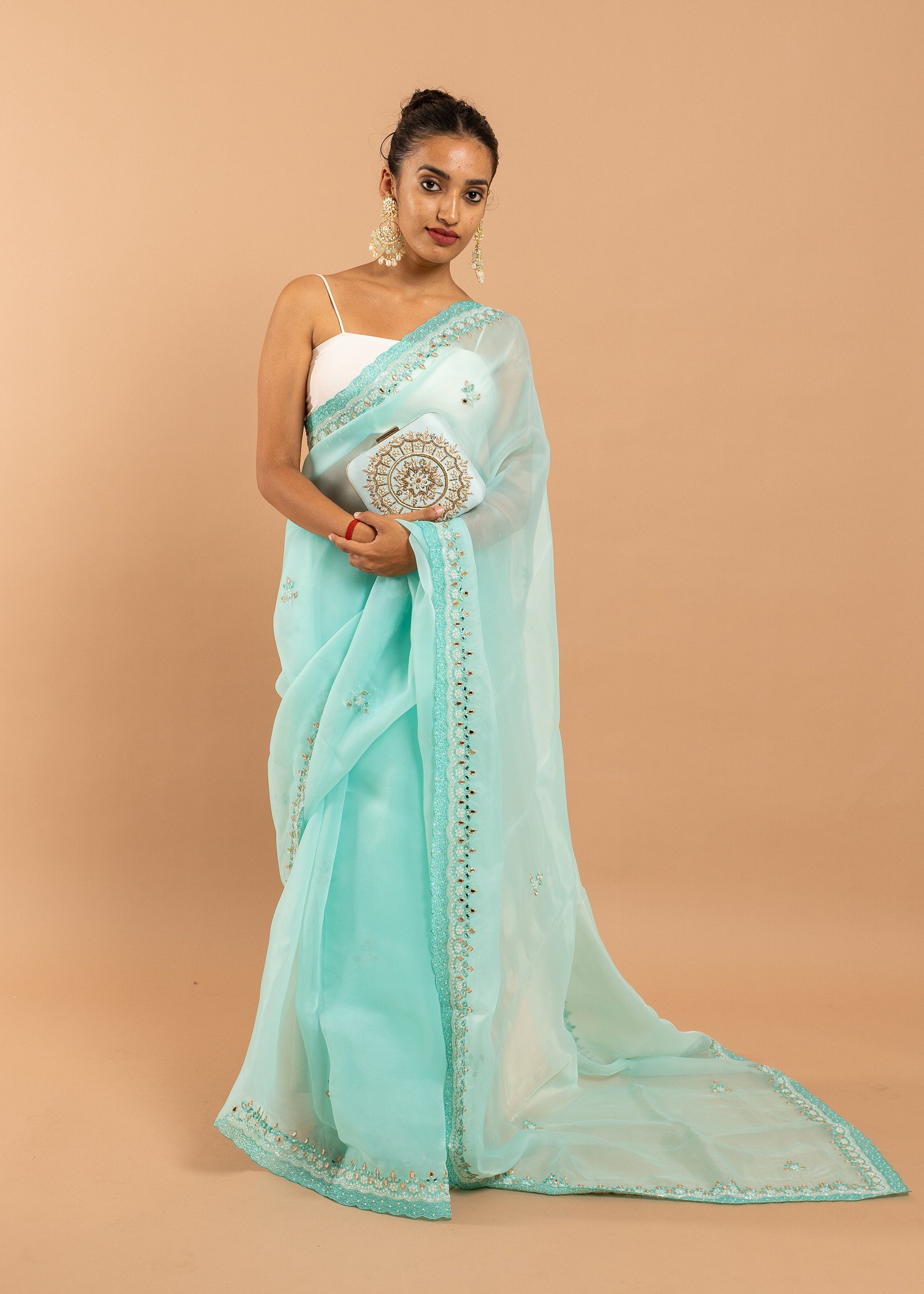 Powder blue organza saree with silk thread and glasswork saree  and beads embroidery