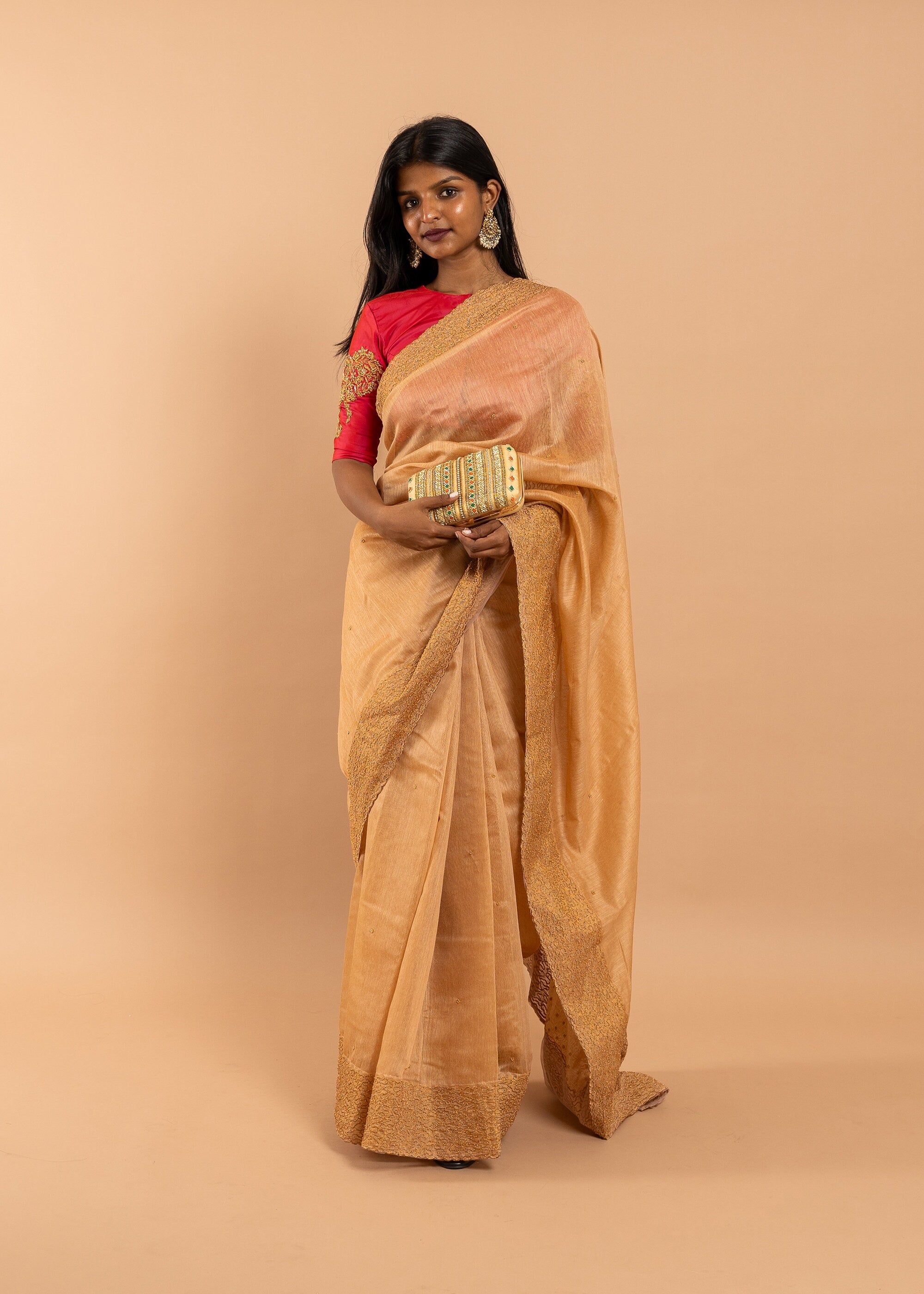 Antique gold saree with silk thread handwork and beads embroidery