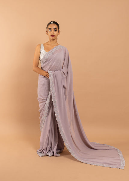 Lavender Georgette saree with silk thread and zari handwork  and beads embroidery image 3