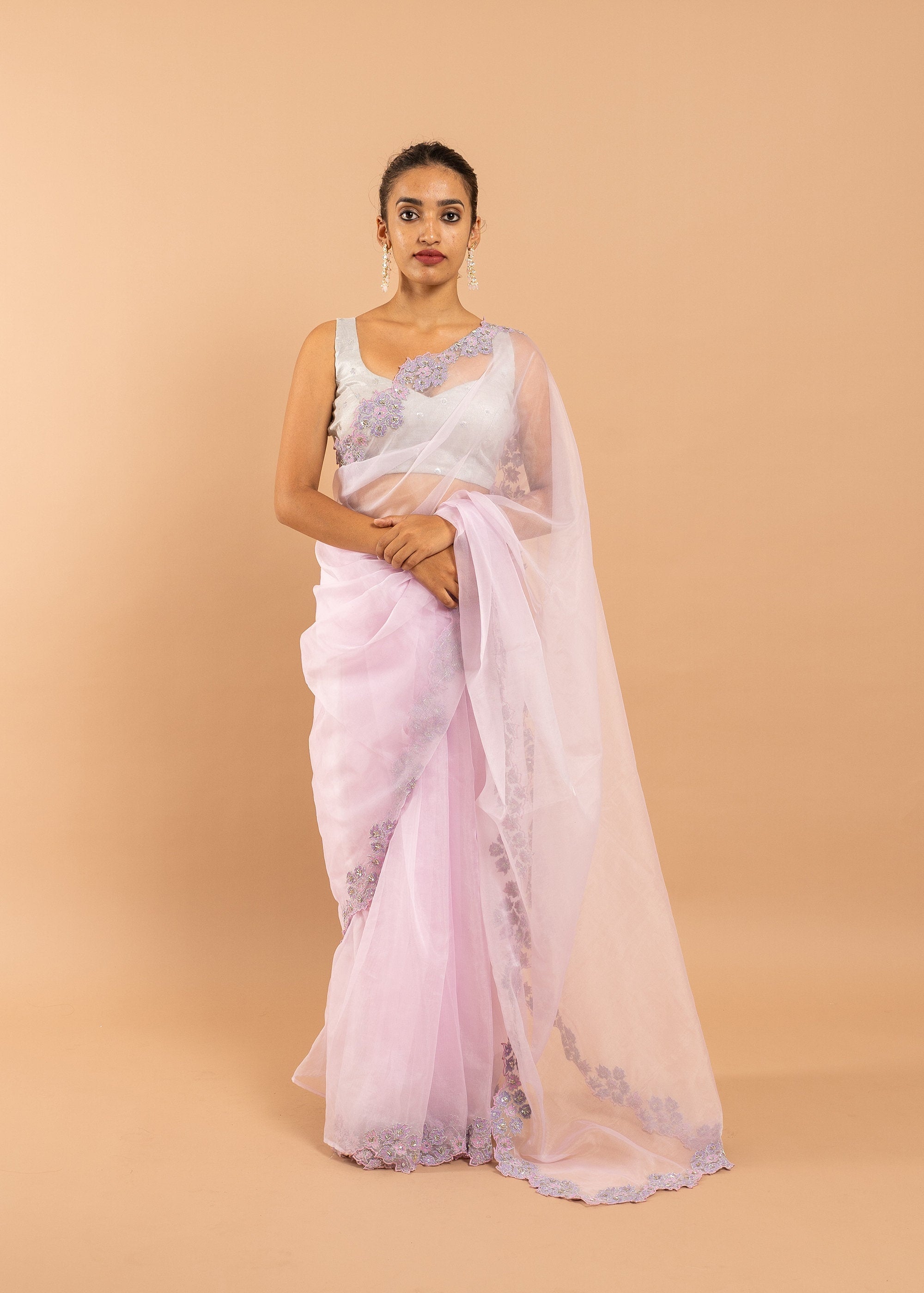 Lavender Organza saree with silk thread and beads handwork  and beads embroidery
