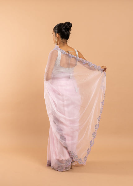 Lavender Organza saree with silk thread and beads handwork  and beads embroidery image 3