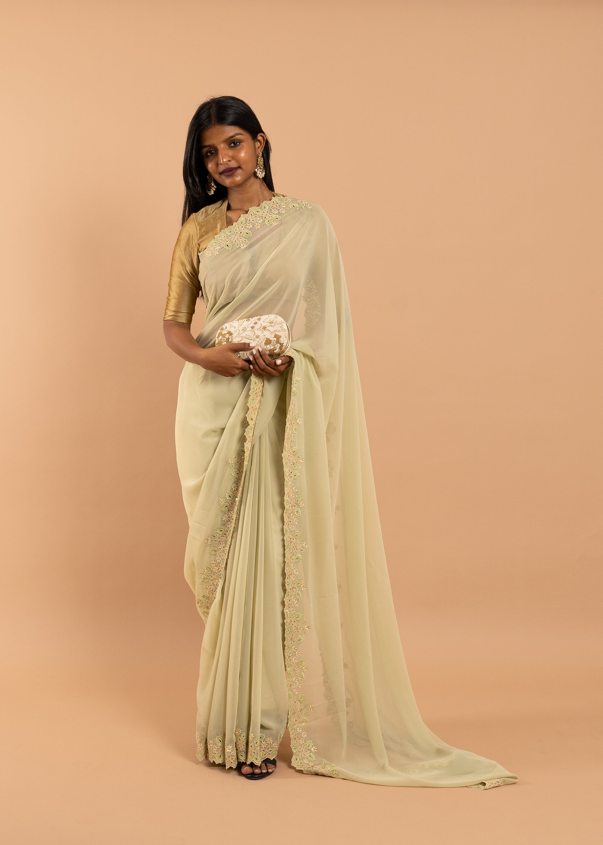Pista green georgette saree with silk thread  and beads handwork embroidery