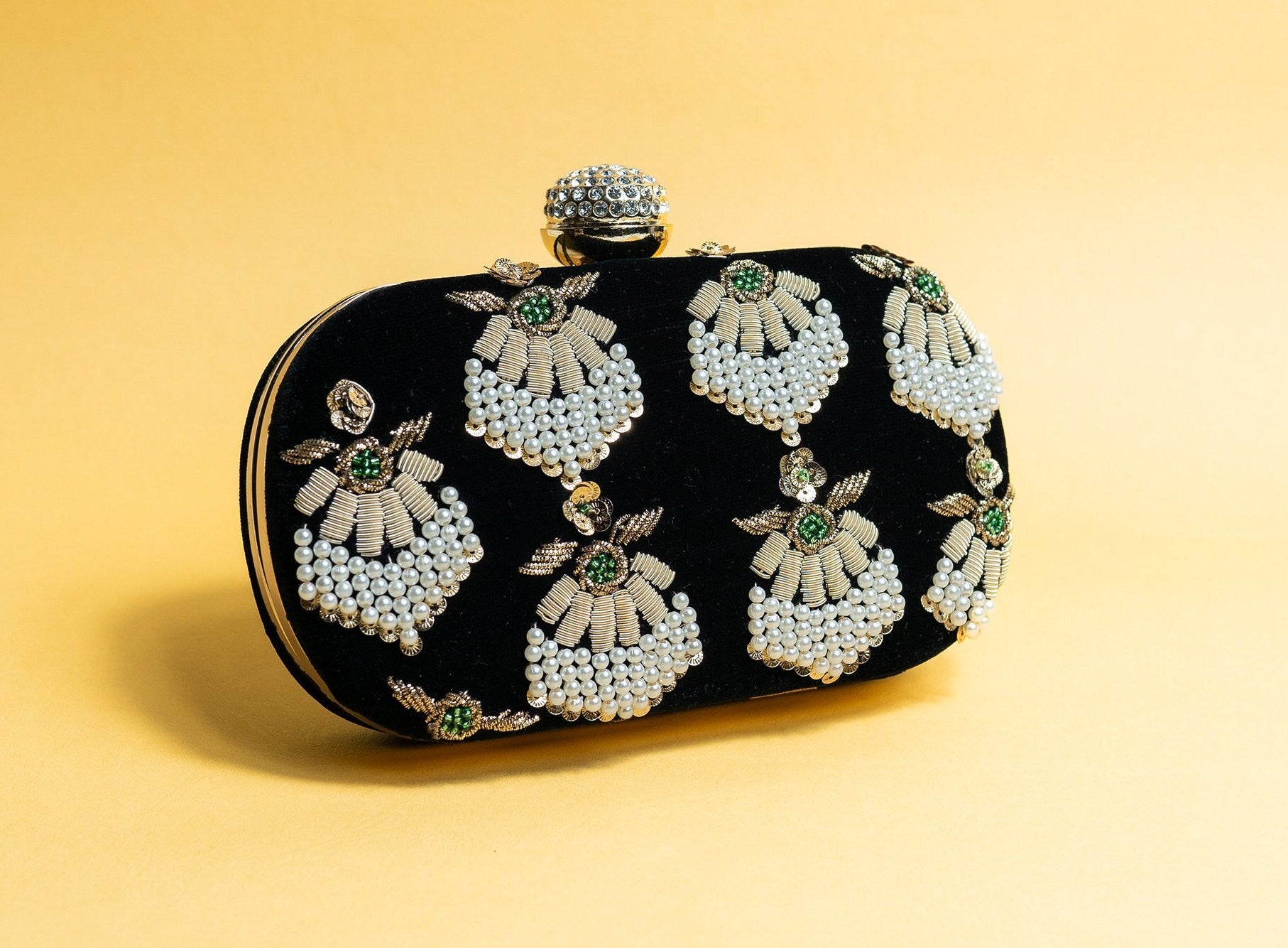 Black bead embroidery clutch bag with detachable sling