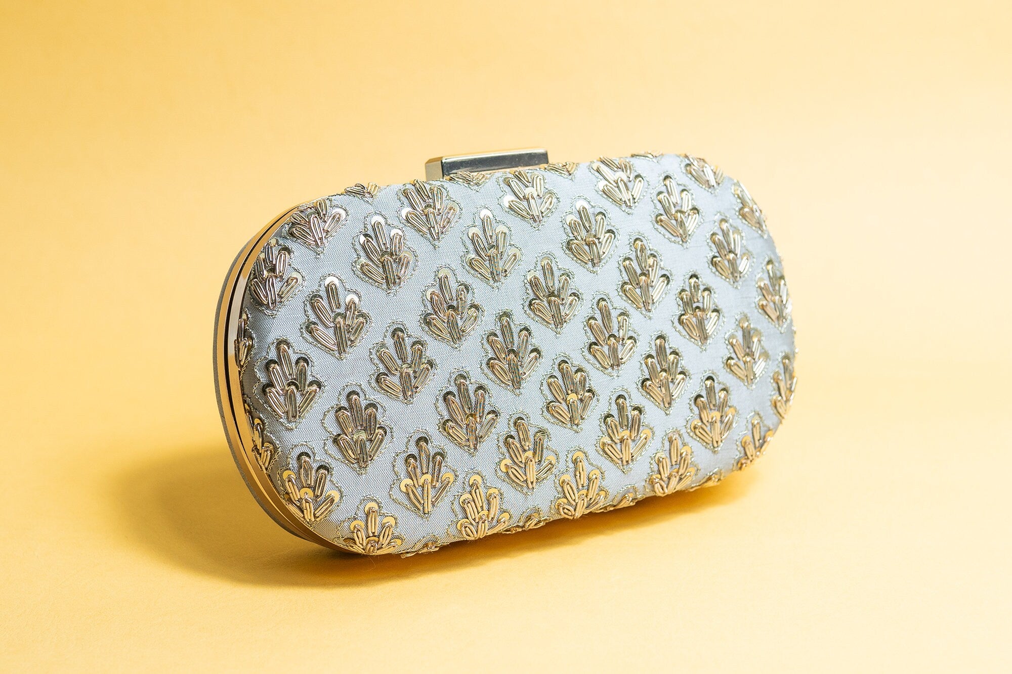 Gray metal embroidery clutch bag with detachable sling