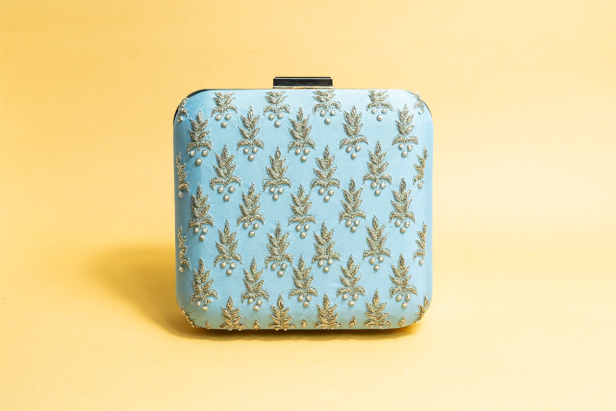 Powder blue and gold square hand made bead embroidery and pure silk clutch bag detachable sling