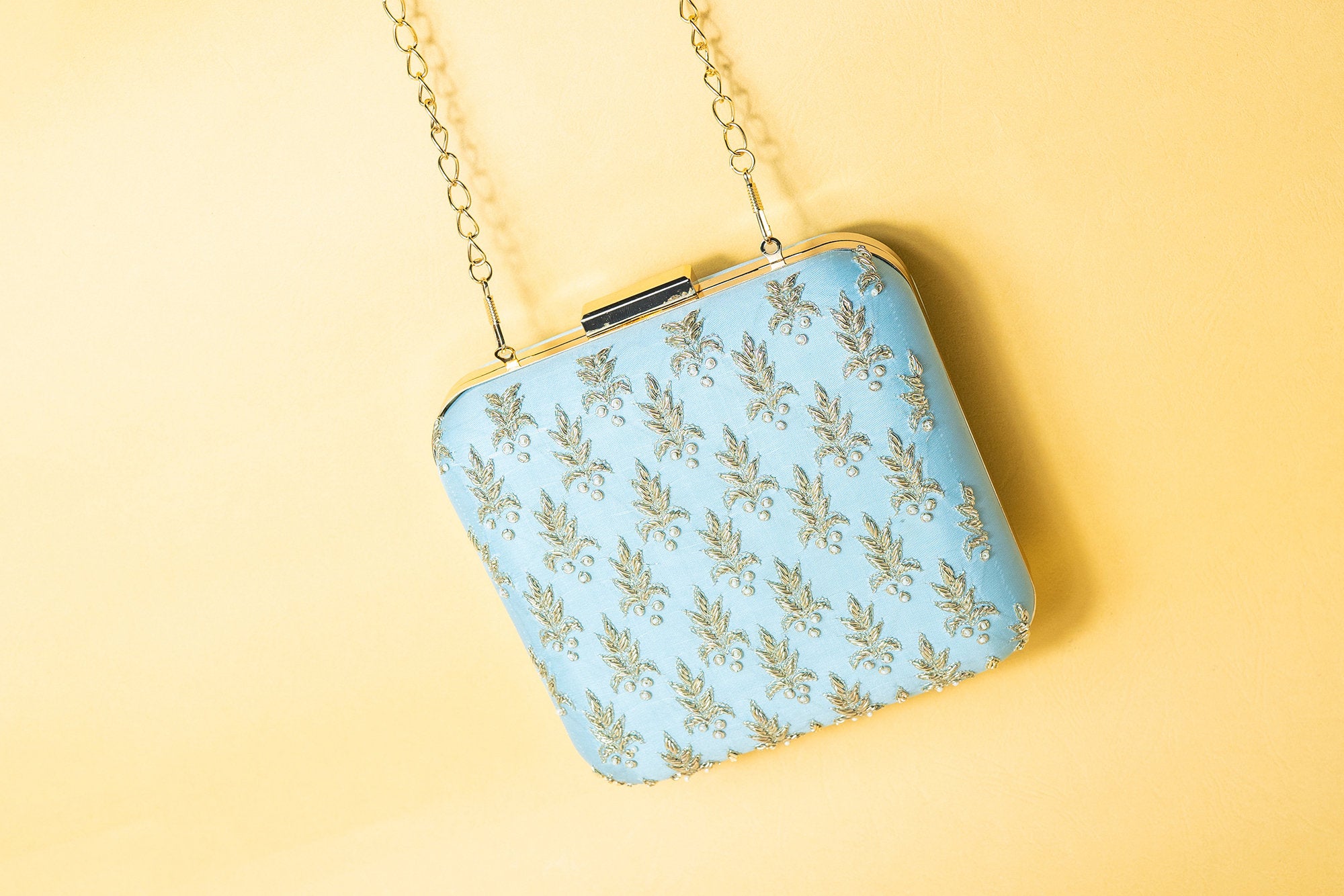 Powder blue and gold square hand made bead embroidery and pure silk clutch bag detachable sling