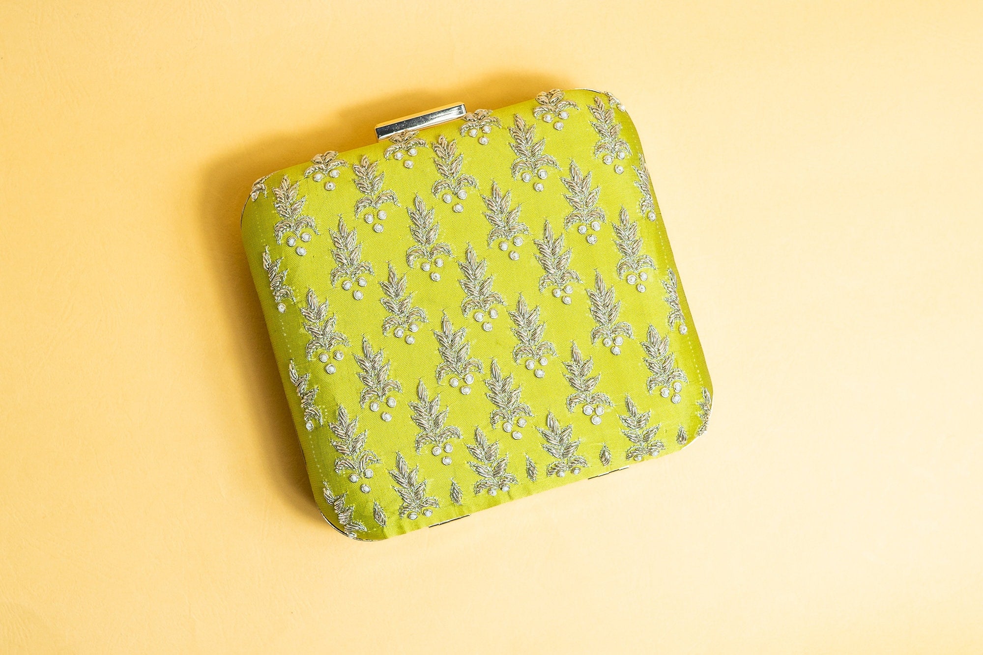 Florescent Green and gold square hand made bead embroidery and pure silk clutch bag detachable sling