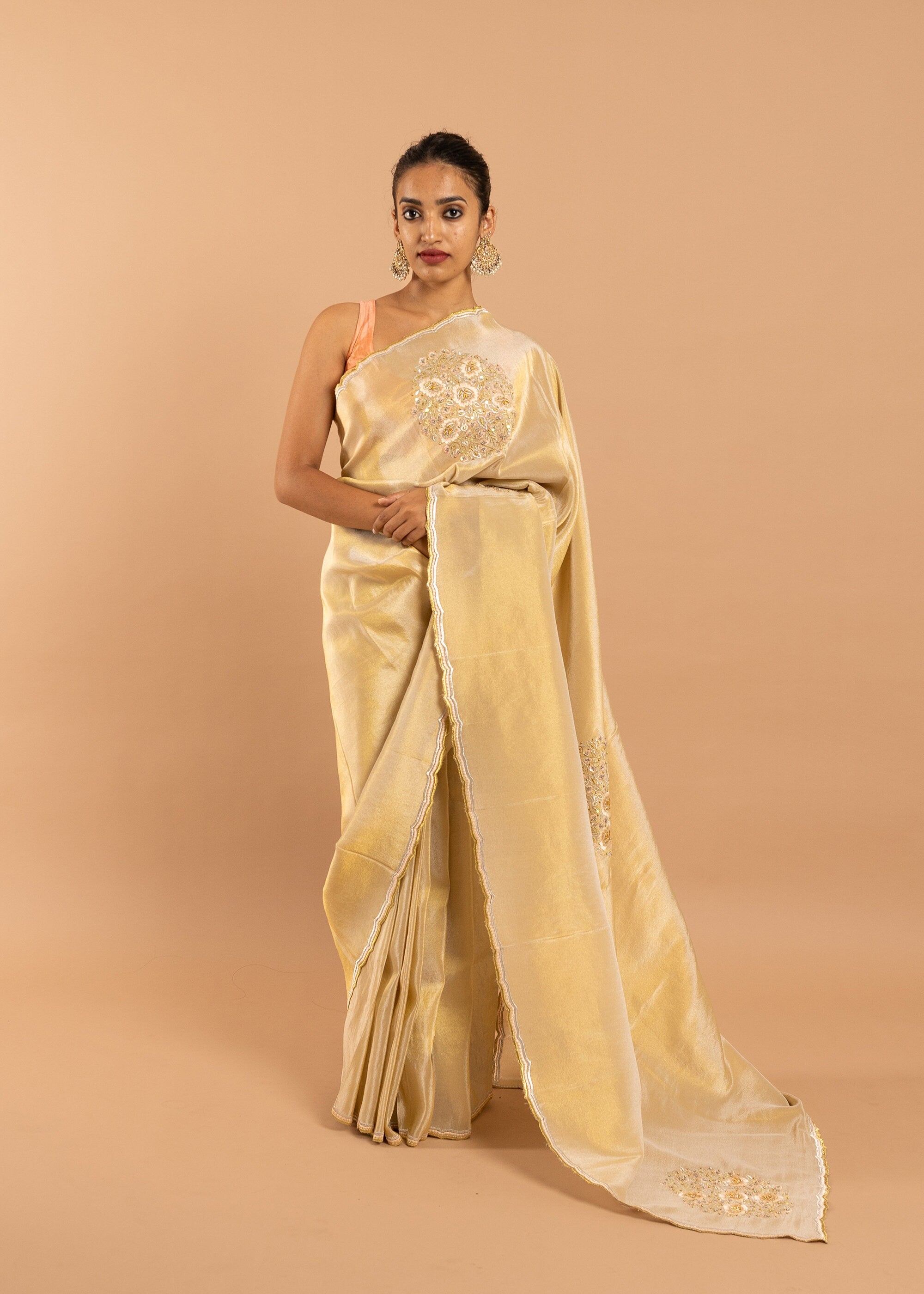 Gold silk blend gold silk thread and beads handwork saree