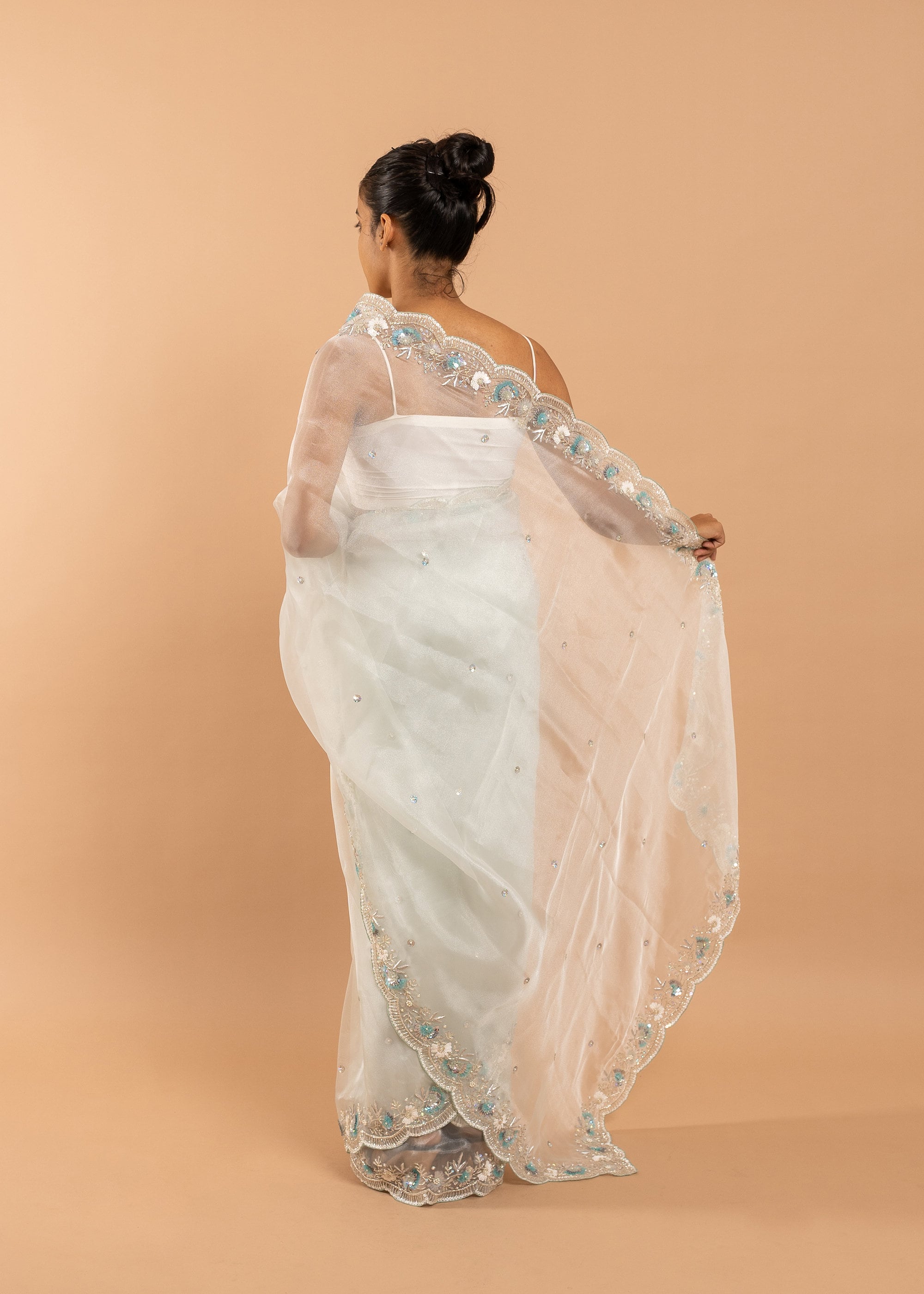 Organza saree with silk thread and sequins handwork  and beads embroidery