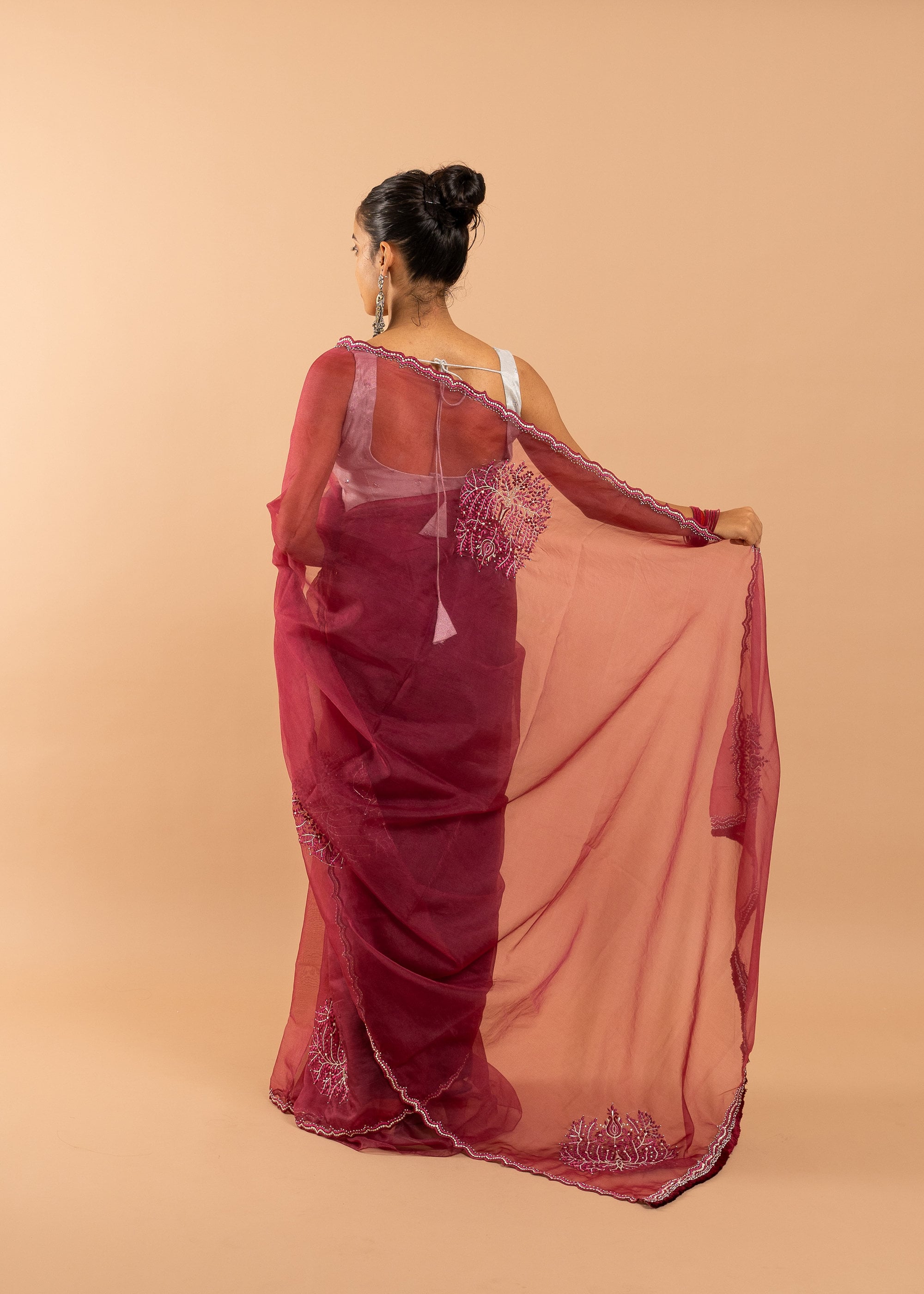 Red saree with silk thread  and beads handwork embroidery organza saree with zari work border